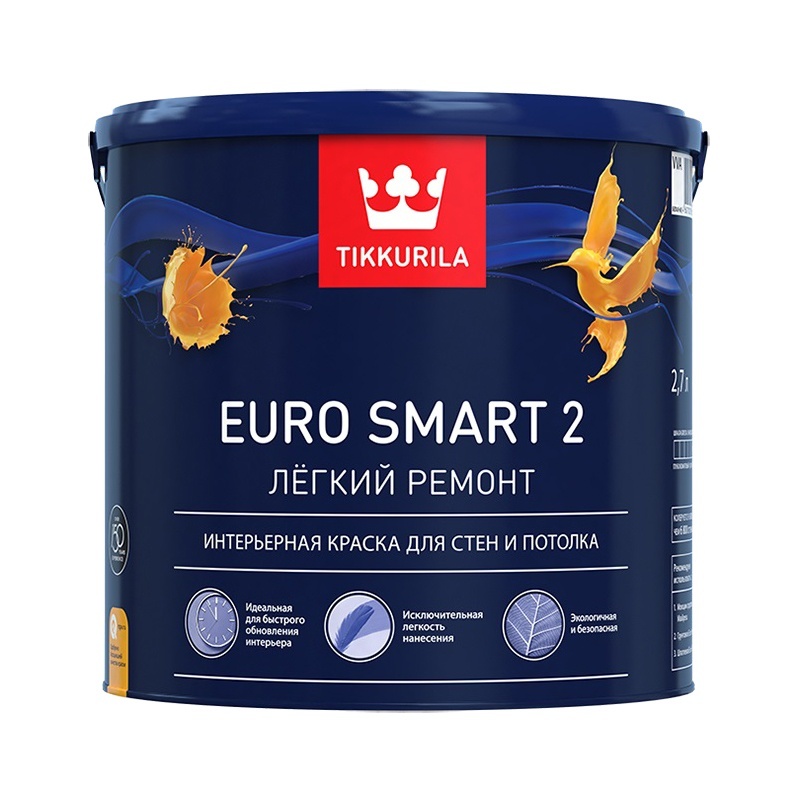 Рекомендуем купить Краска в/д для стен и потолков Tikkurila EURO SMART 2 база A (2,7 л)